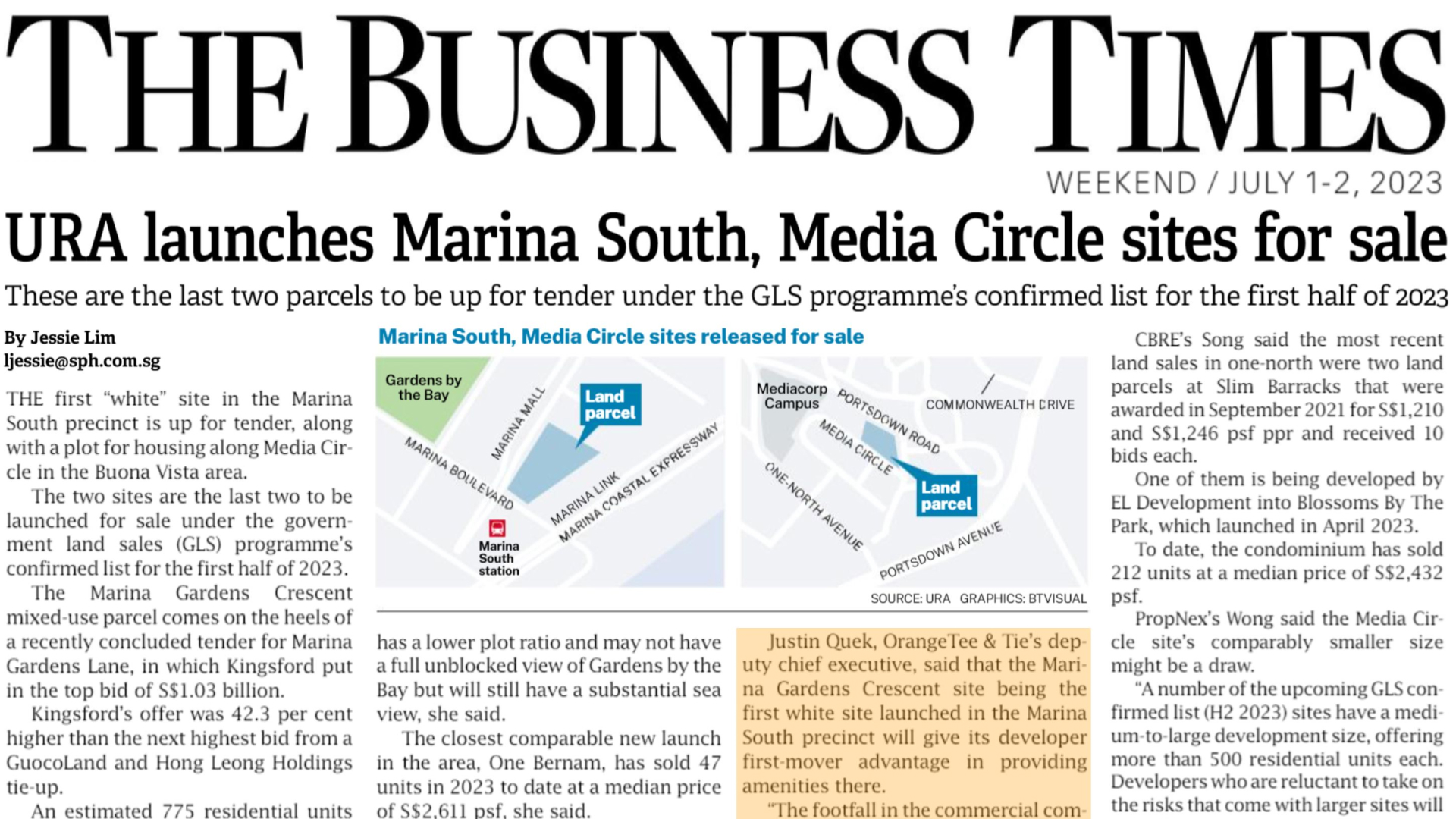 OrangeTee | Comments on launch of land tenders at Media Circle and Marina Gardens Crescent